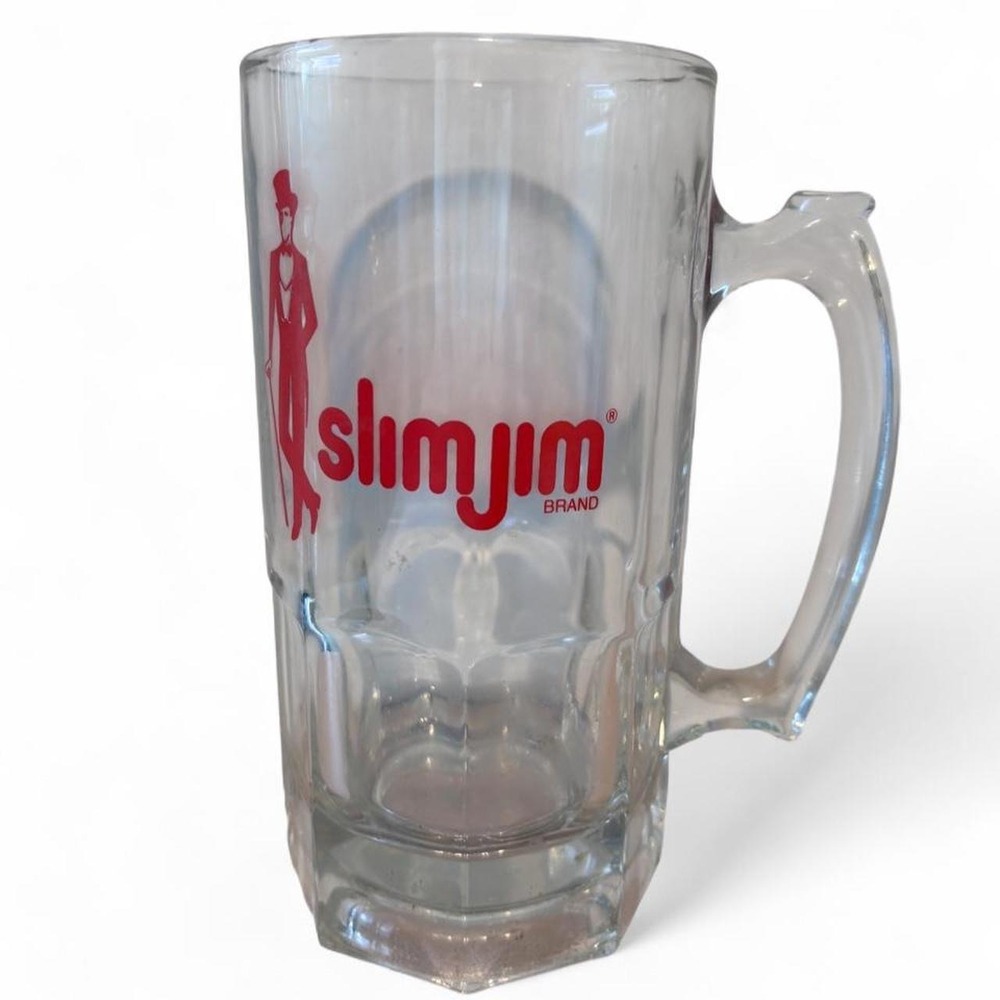 Vintage Slim Jim Glass Beer Mug Tankard Top Hat Gentleman Logo 8 Inch Clear